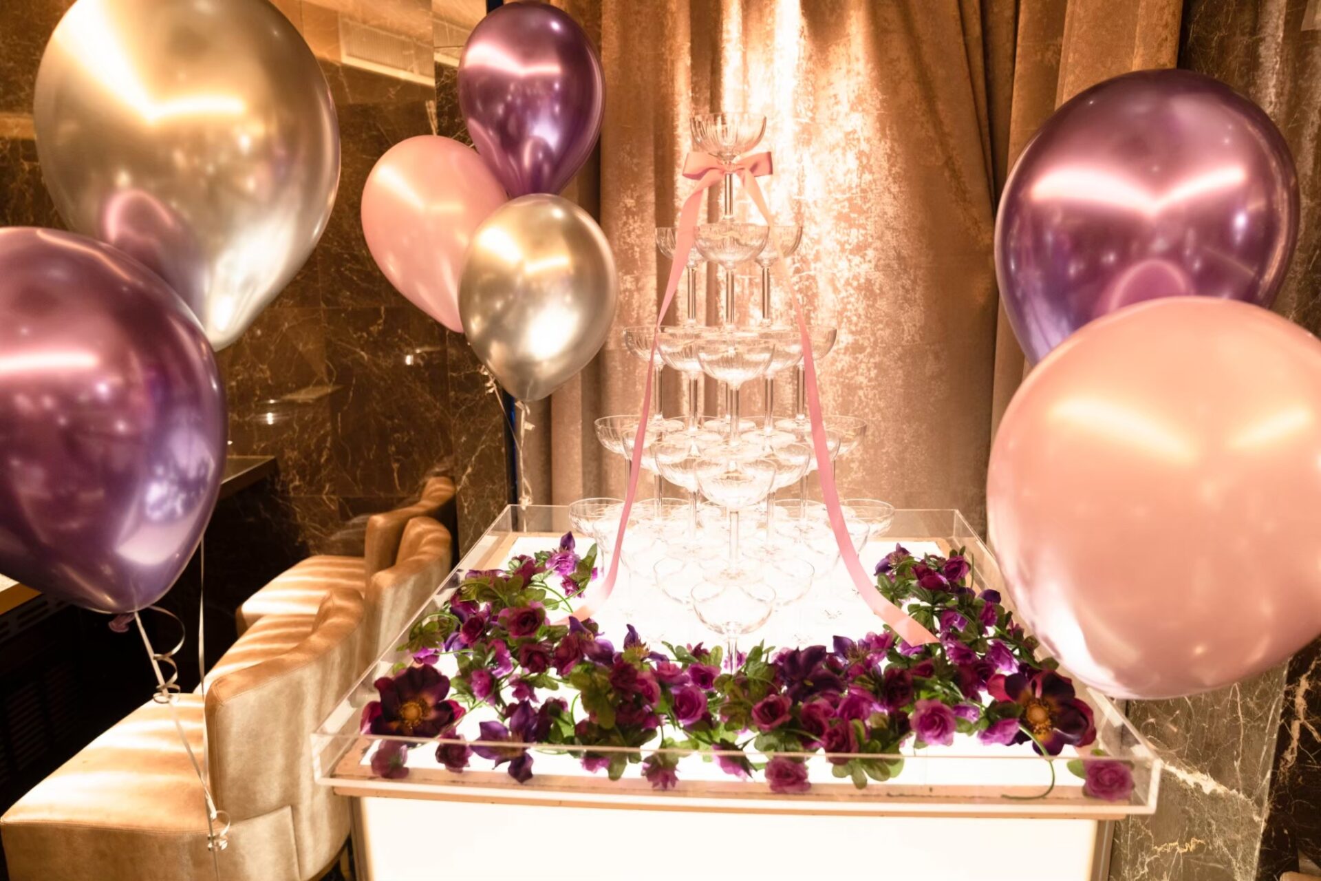 Triangular Champagne Tower with Balloons & Flowers